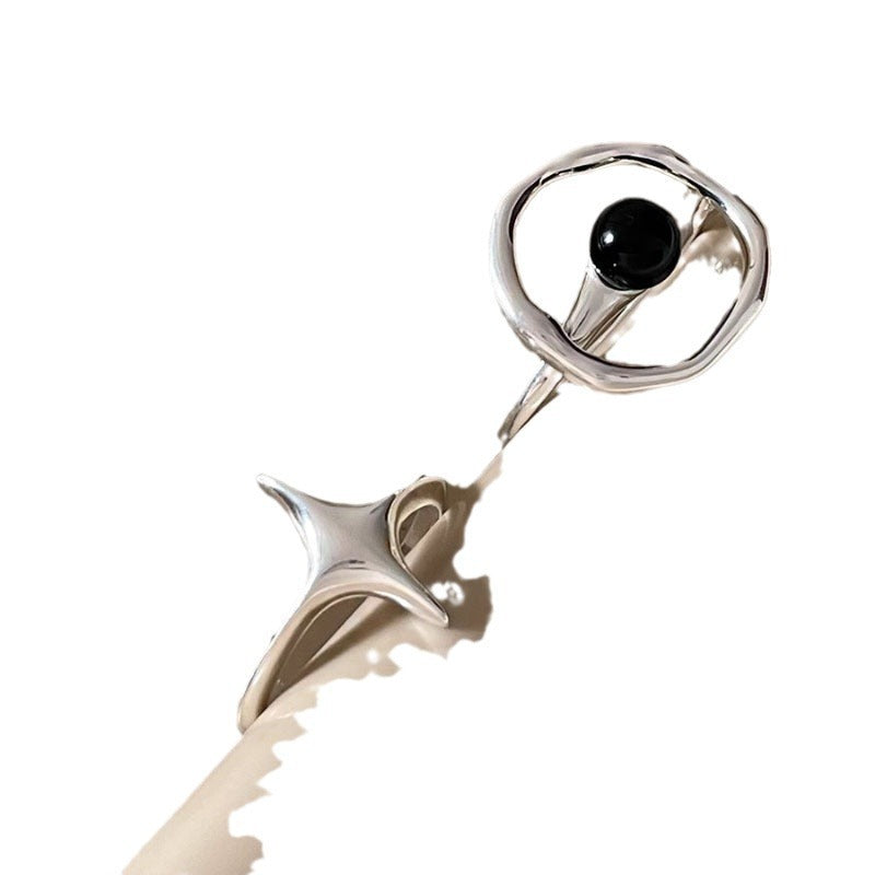 Womens Adjustable Copper Ring With Black Agate Geometric Star Niche Design Fashion Ring Electroplated Finishes