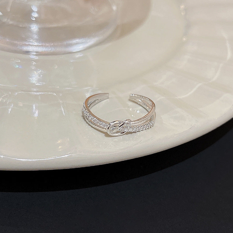 Womens Double Layer Cross Ring Copper Zircon Silver