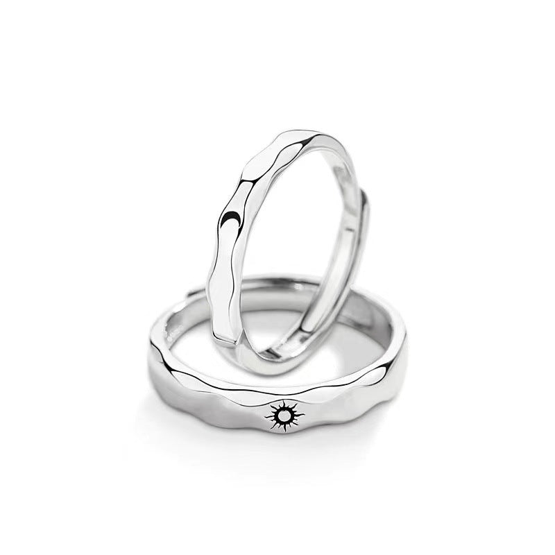 Adjustable Couple Rings Japanese Korean Geometry Design Gold Plated With Artificial Gems Sun And Moon Gift Set