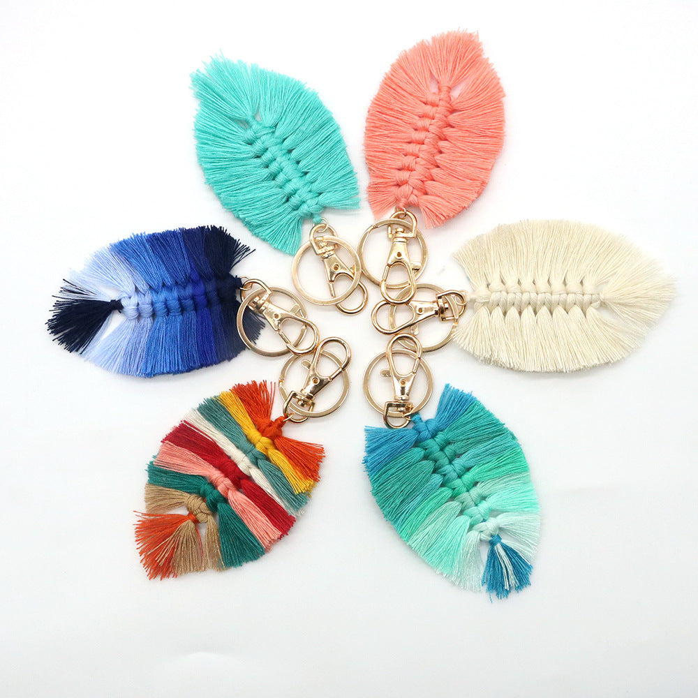 Handwoven Key Chain With Tassel And Leaf Pendant Cotton Rope Key Chain Accessory Unisex Bag Charm Beige Modern