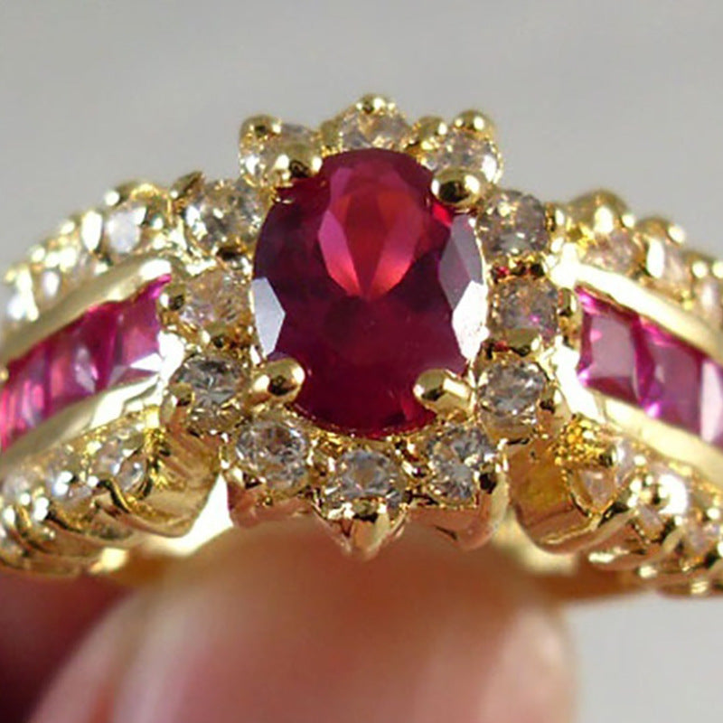 Gold Plated Alloy Ring With Blue Zircon Inlay And Red Zirconia Flower Design Electroplated Finish Metal Accents Details