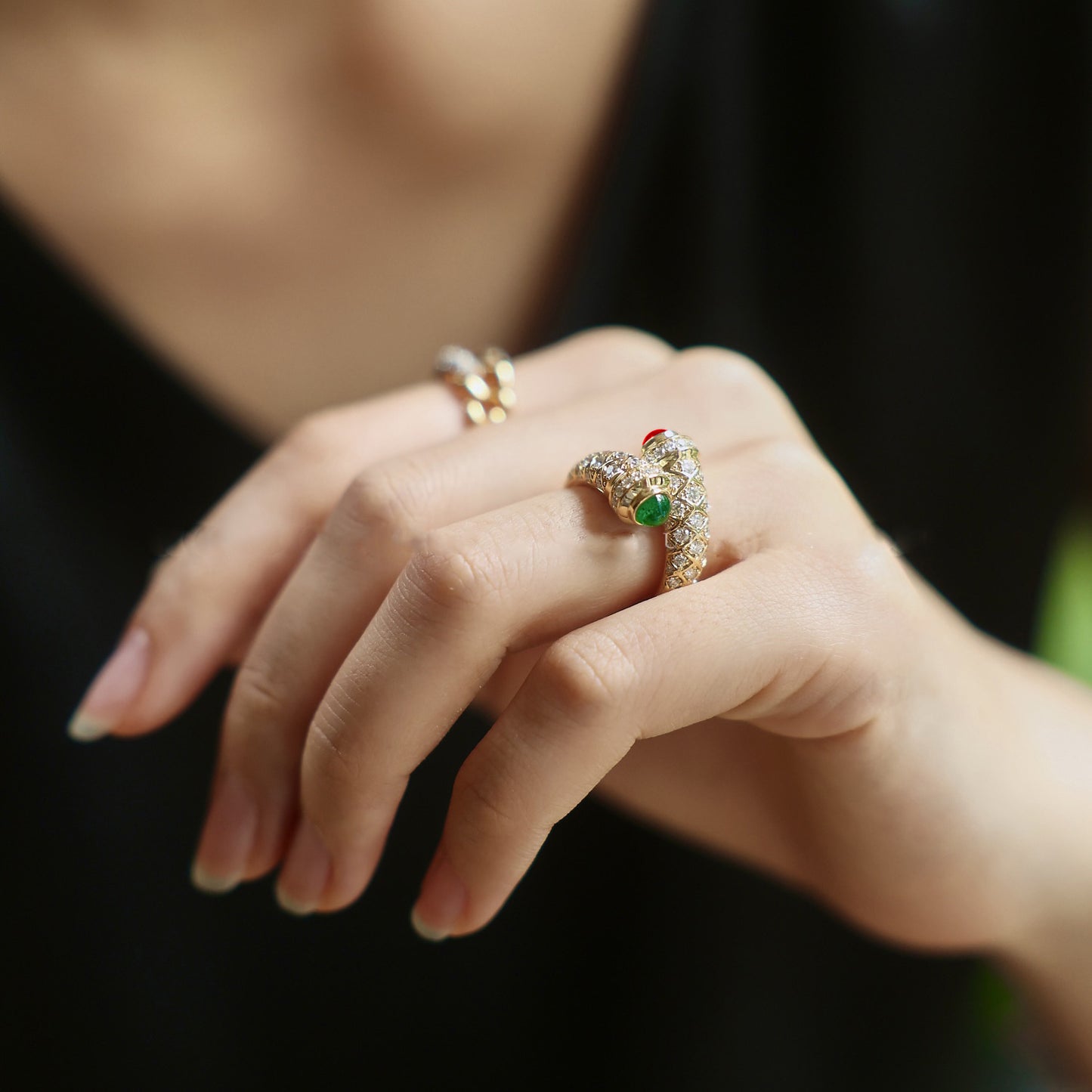 Gold Plated Diamond Micro Set Ring Geometric Antique Design With Red And Green Gemstones US Size Six For Women