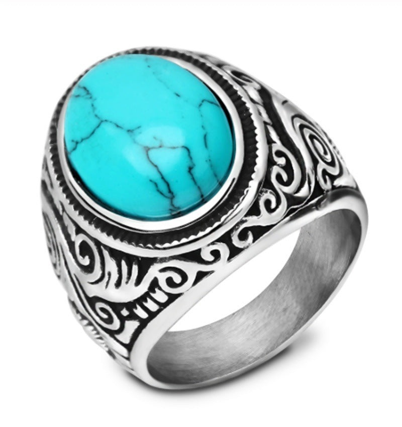 Unisex Alloy Carved Ring Turquoise Inlay Electroplated Band Punk Trend Statement Ring Gift For Women Style Pro