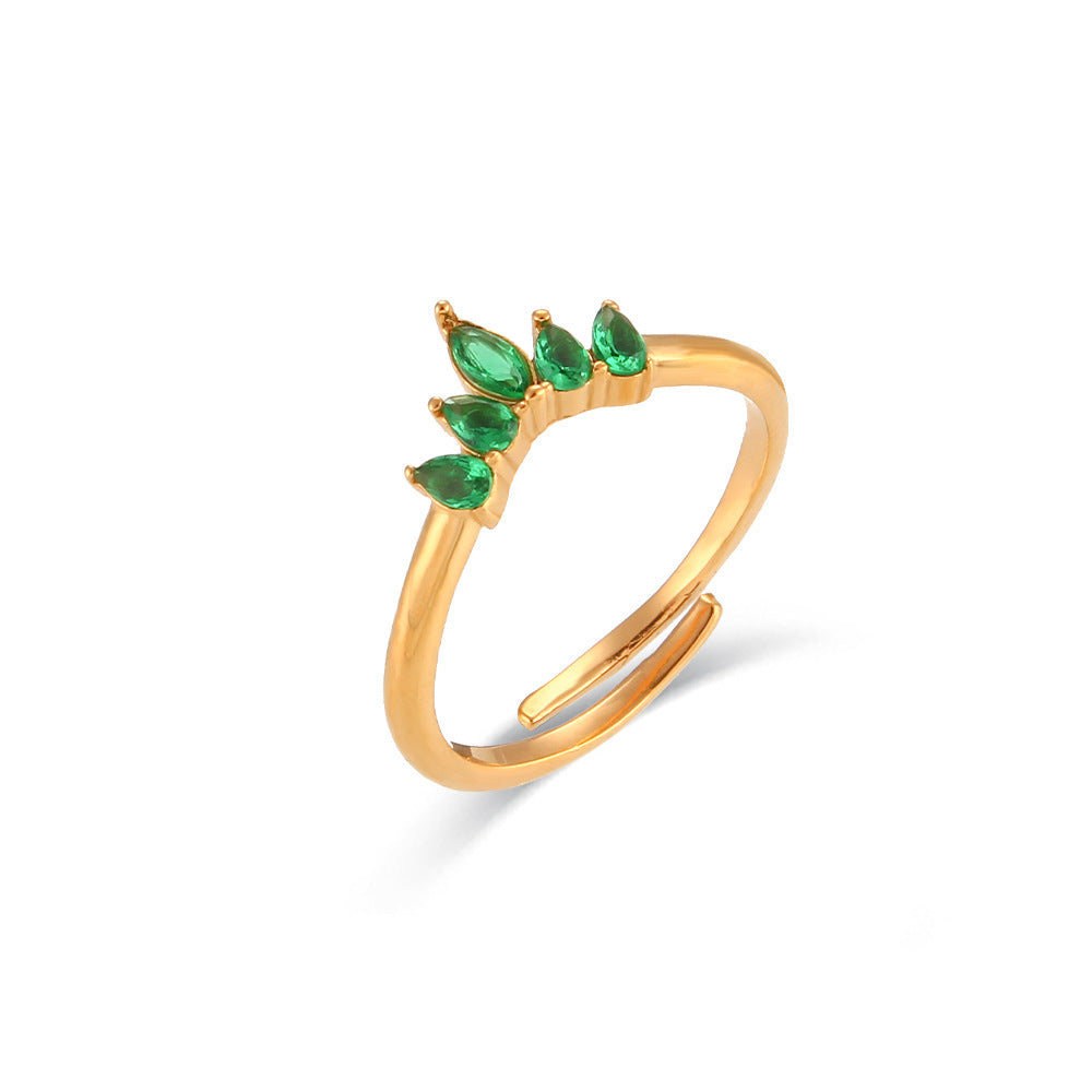 Womens Adjustable Stainless Steel Ring Leaves Diamond