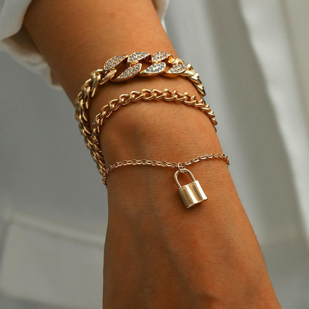 Womens Layered Bracelet With Micro Diamond Lock Pendant Electroplated Alloy Metal Geometric Design Adjustable Extension