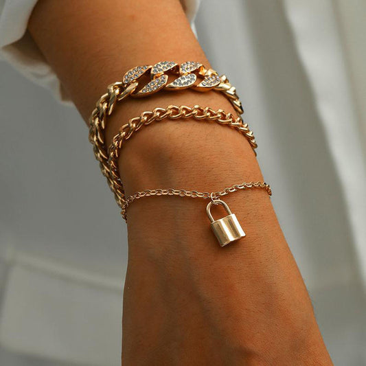 Womens Layered Bracelet With Micro Diamond Lock Pendant Electroplated Alloy Metal Geometric Design Adjustable Extension