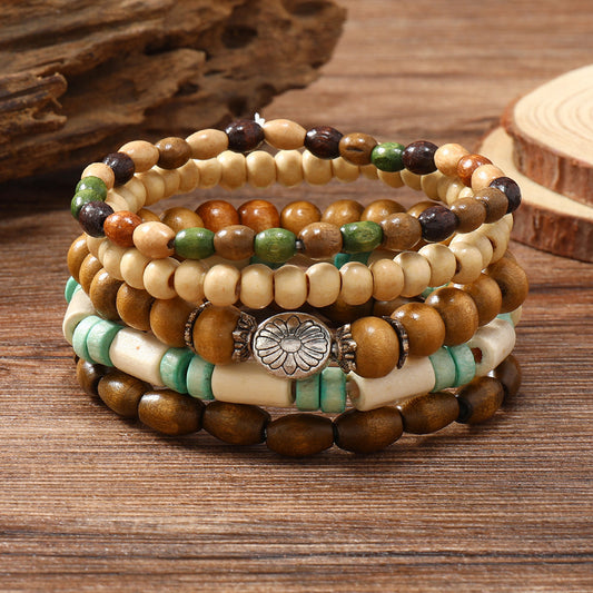 Wooden Bead Bracelet Set Handmade Jewelry Gift Chrysanthemum Design Unisex Colorful Beaded Bracelets For Everyday Style