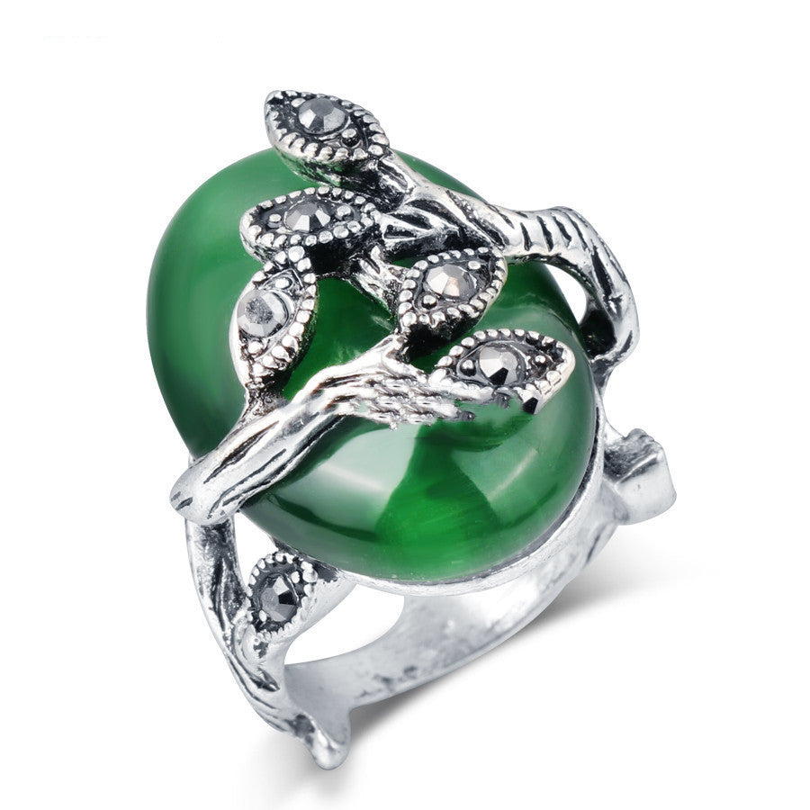 Women Opal Ring Antique Silver Green Flower Design Coating Alloy Jewelry Gift Birthday Celebration Lovely Gift