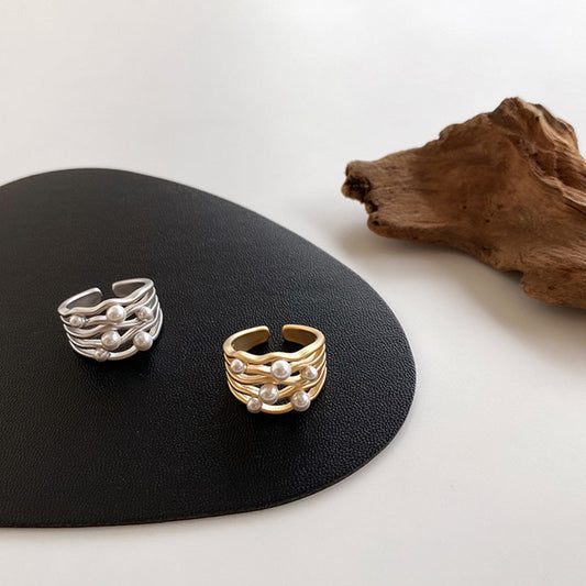 Womens Irregular Metal Pearl Ring With Geometric Design Electroplated Fashion Jewelry Accessory Durable Sparkle