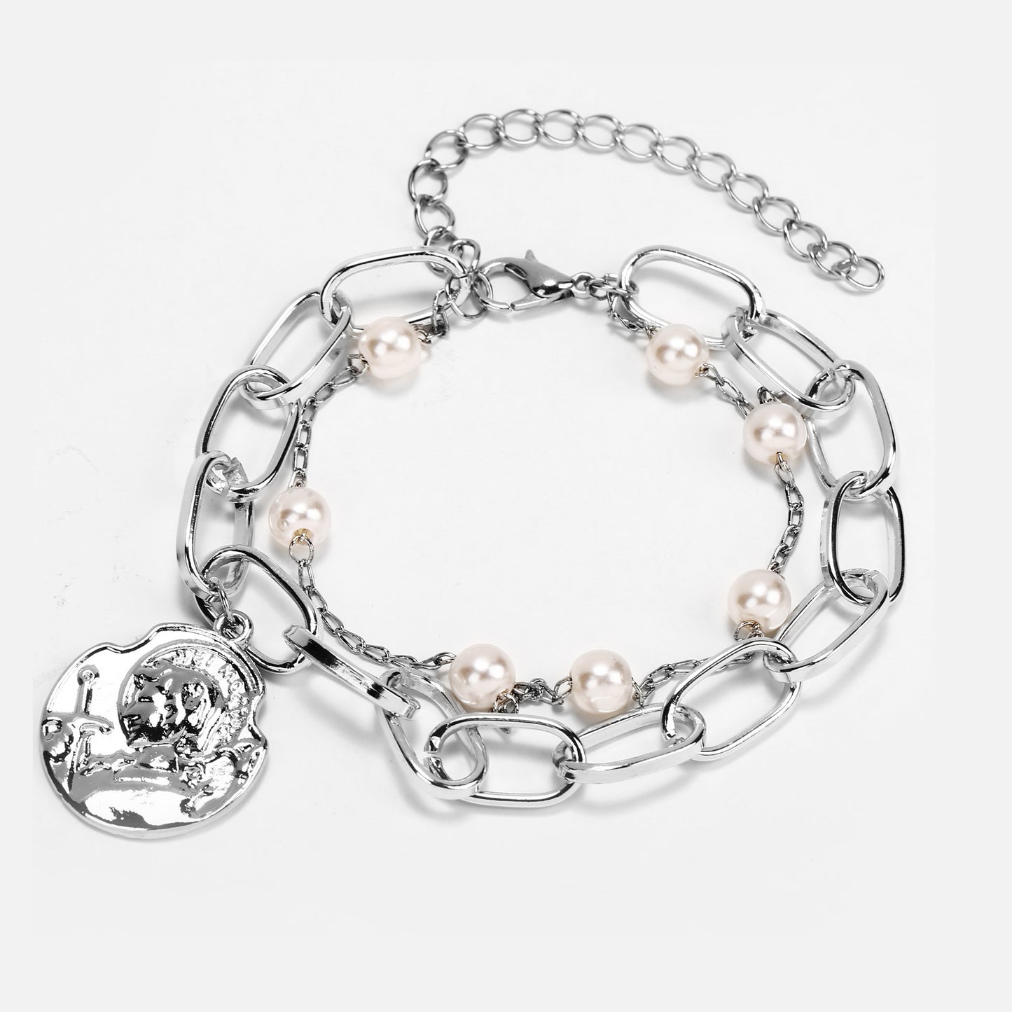 Double Layer Bracelet With Pearl Love Heart Charm Geometric Electroplated Alloy Retro Fashionable Jewelry Gift