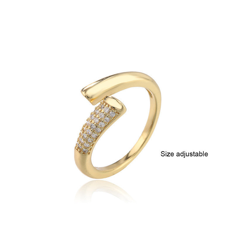 Womens Gold Electroplated Copper Ring With Micro Set Zircon Elegant Adjustable Opening European American Style Jewelry
