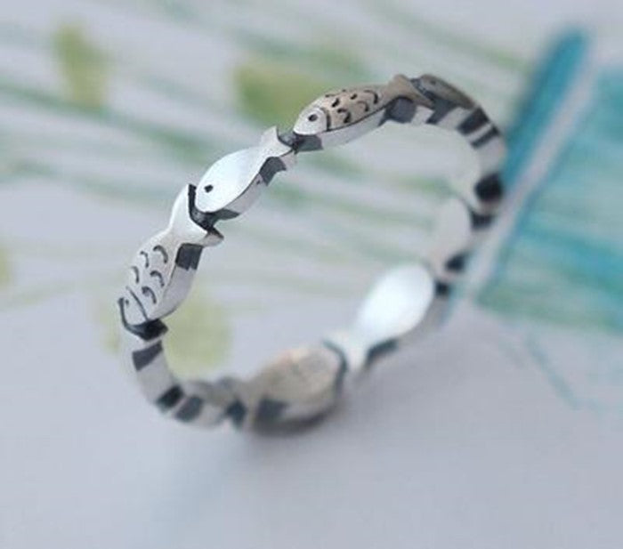 Womens 925 Sterling Silver Fish Ring Geometric Electroplated Silver Statement Ring Gift For Her Vintage Vintage