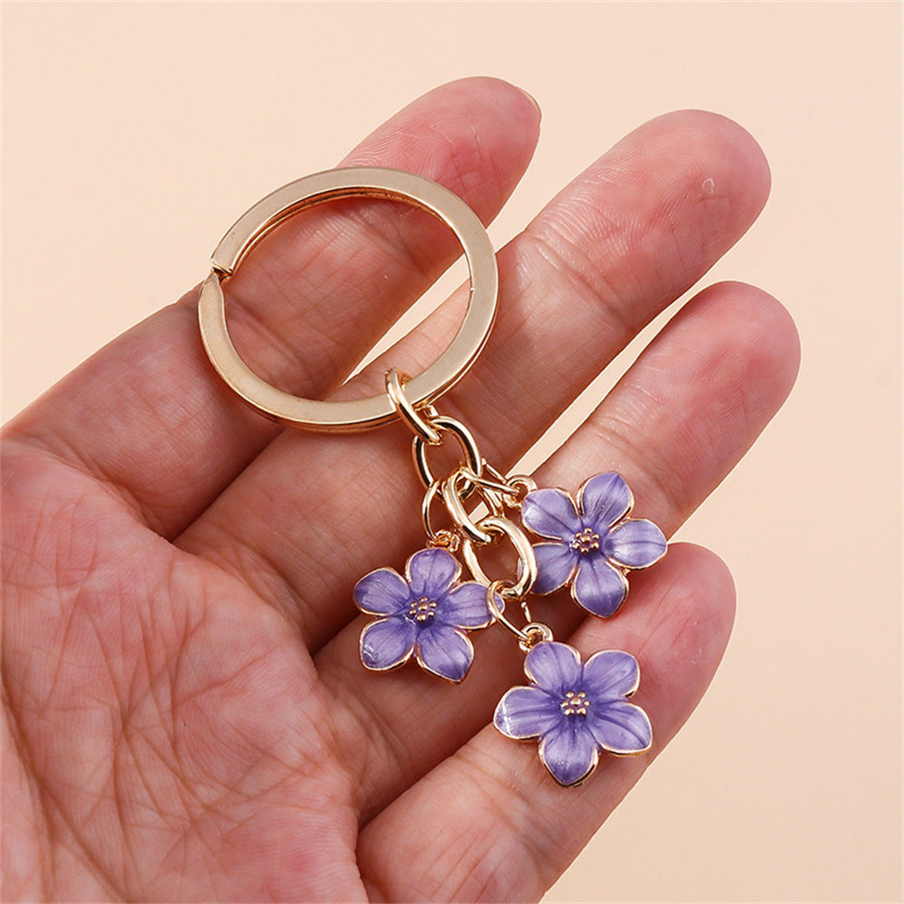 Girly Cherry Blossom Epoxy Zinc Alloy Keychains Flower Pattern Handbag Charm Decoration Purple Flowers Pendant