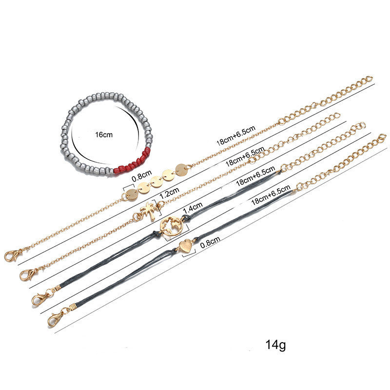 Womens Bracelet Set Alloy Coconut Tree And Love Braided Rope Geometric Metal Design Bracelets For Women Trendy