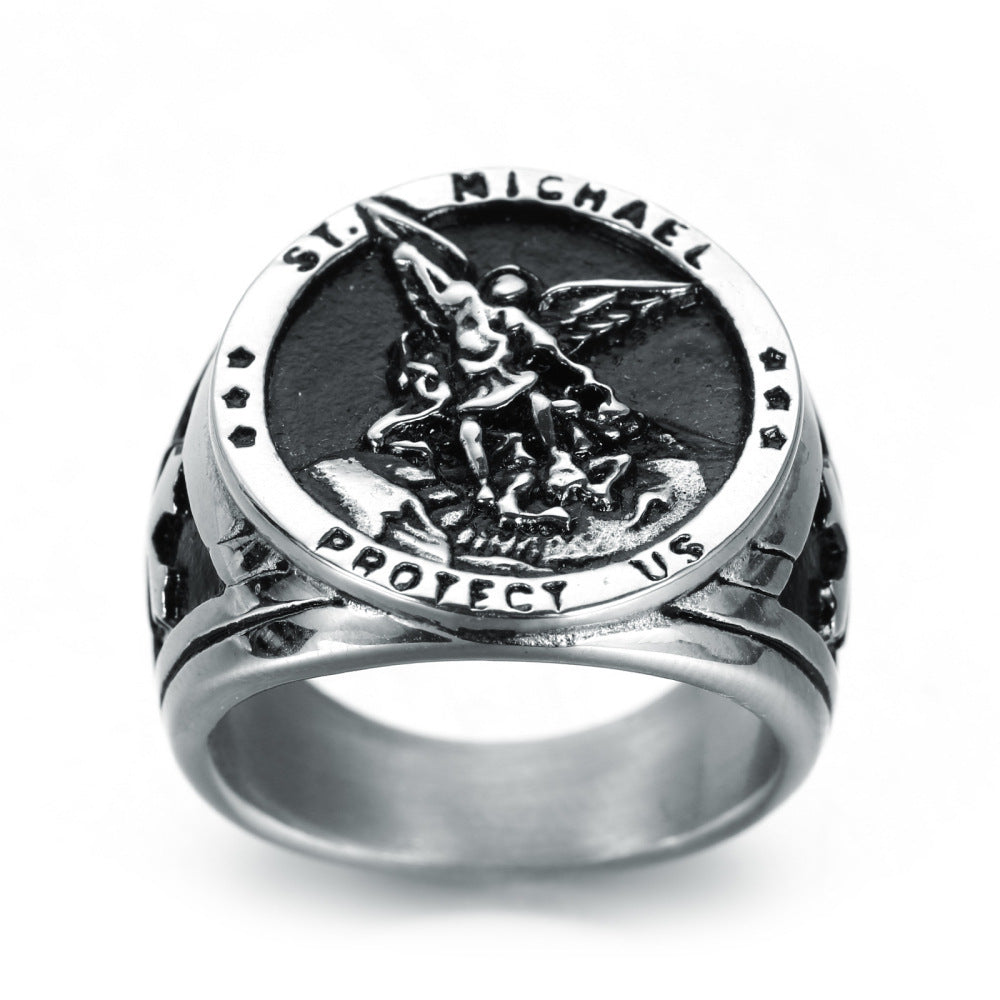 Men's Stainless Steel Silver Ring American Guardian Goddess Design Jewelry Band European and American Inspired Ring Titanium Steel Ring for Men Fashion Ring