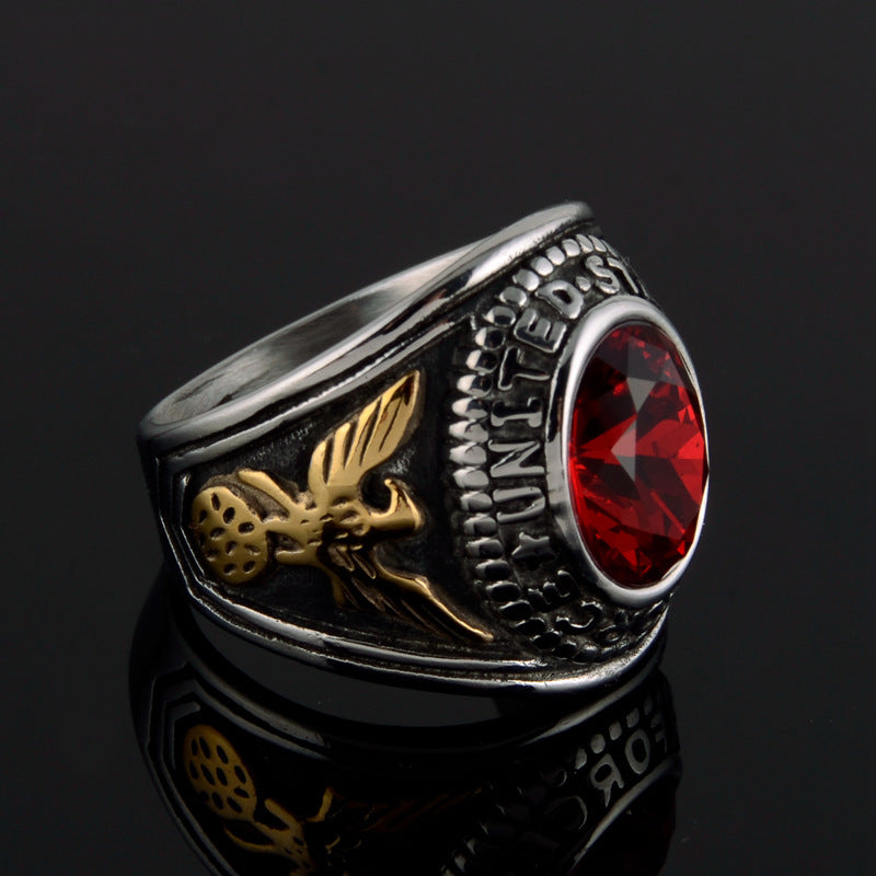Spreading Wings Eagle Gemstone Ring Stainless Steel Vintage Style Army Ring Gold Plated Inlaid Gems Fine Craft