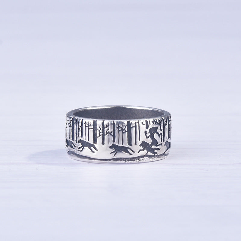 Unisex Copper Ring Electroplated Animal Zodiac Ring Silver Black Finish Running Woman With Wolves Design Style