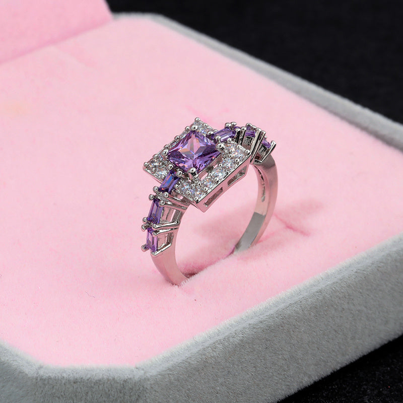 Purple Zircon Ring Platinum Plated Cubic Zirconia Gemstone Fashion Statement Jewelry for Women Elegant Anniversary Gift