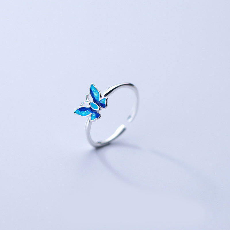 Silver Ring With Blue Butterfly Design And Delicate Insect Motif Adjustable Opening For Women Jewelry S925 Collection