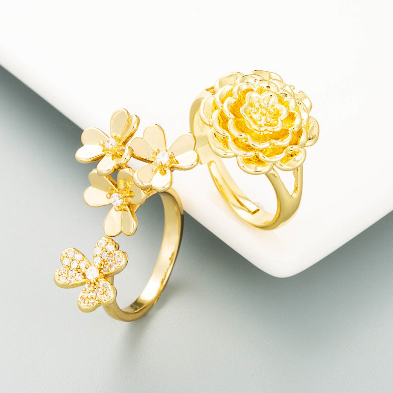 Womens Adjustable Ring Gold Plated Copper Open Band Floral Gemstone Design Exquisite Fashion Jewelry Gift For Her