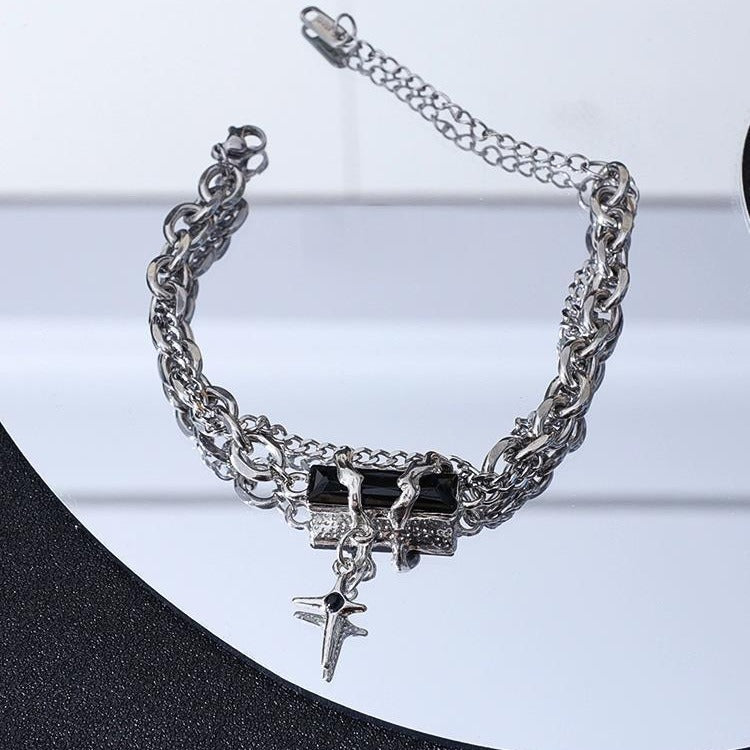 Unisex Titanium Steel Bracelet Geometric Star Lines Octagonal Design With Black Diamond Accent Minimalist Jewelry