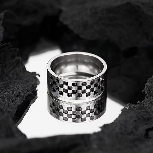 Stainless Steel Black And White Plaid Ring For Unisex Wear Durable Minimalist Jewelry For Men And Women Size 6 7 8 9
