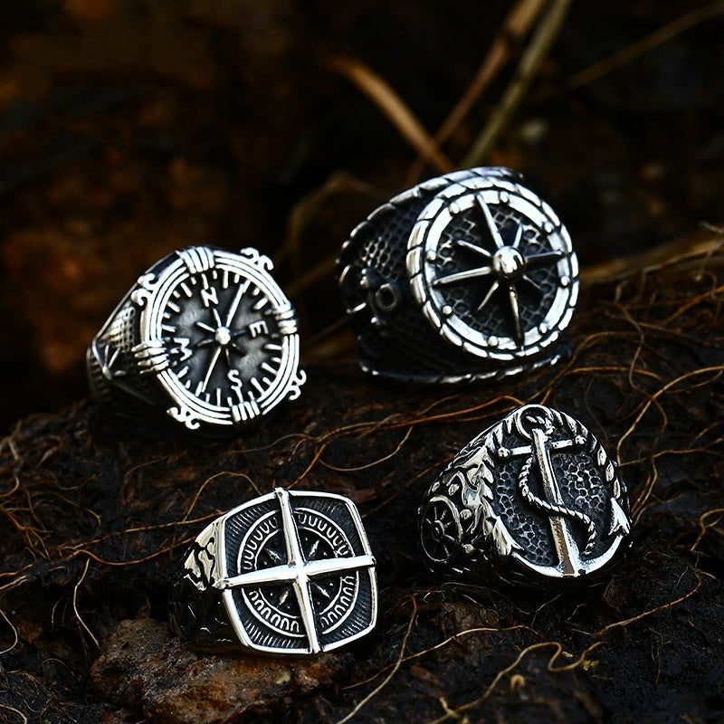 Vintage Compass Titanium Steel Ring Unisex Retro Boat Anchor Design For Men US Ring Sizes 7 8 9 10 11 12 13 US