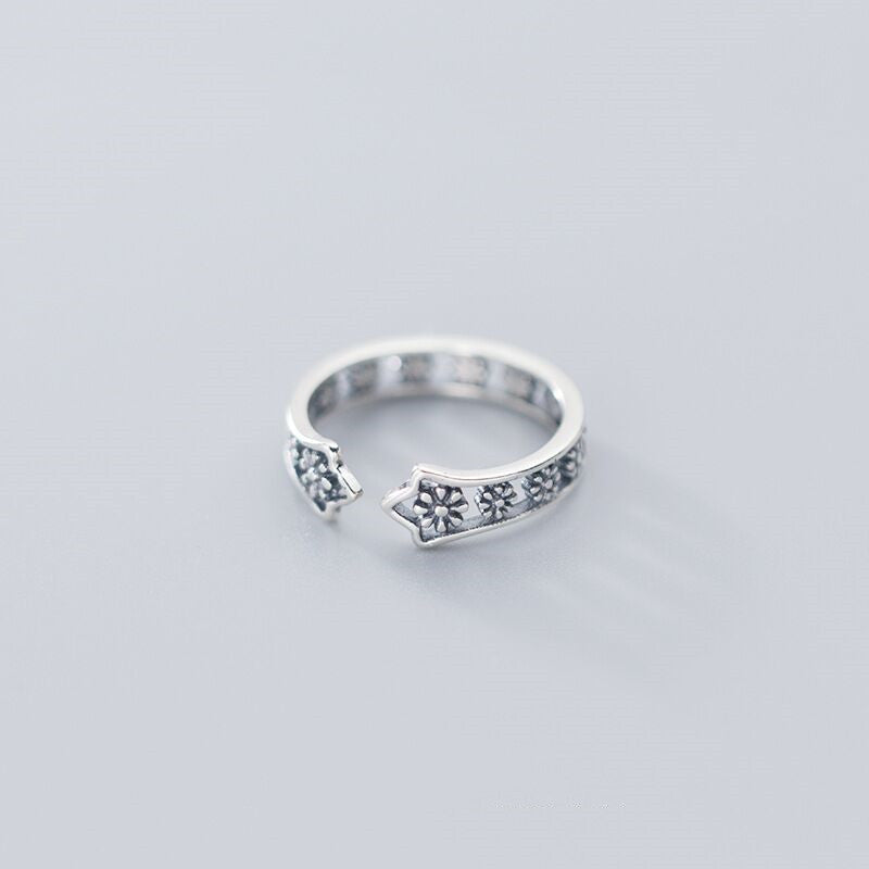 Womens Copper Ring With Flower Design Adjustable Open Ring Vintage Silver Finish Korean Design Ring For Women