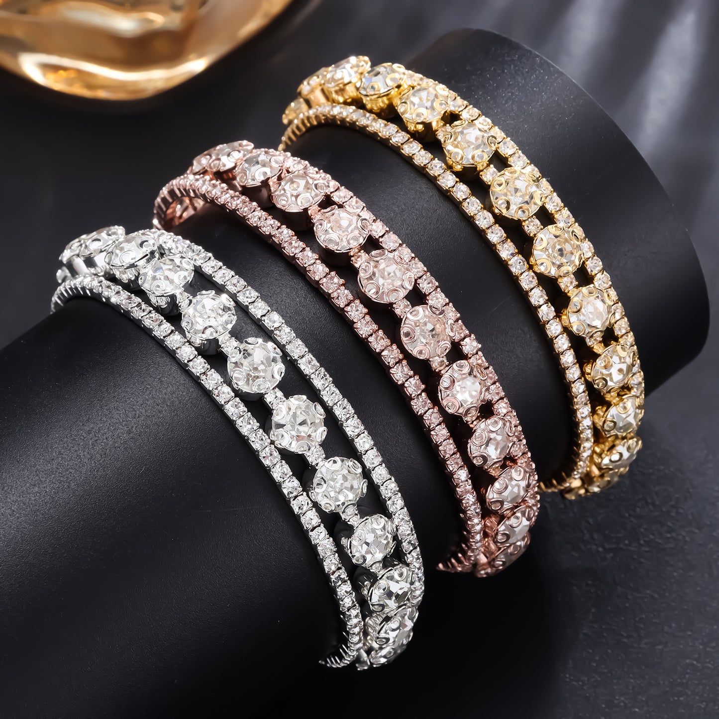 Winding Open Three Ring Bracelet Round Design With Sparkling Rhinestone Diamond Accent In Silver Gold And Rose