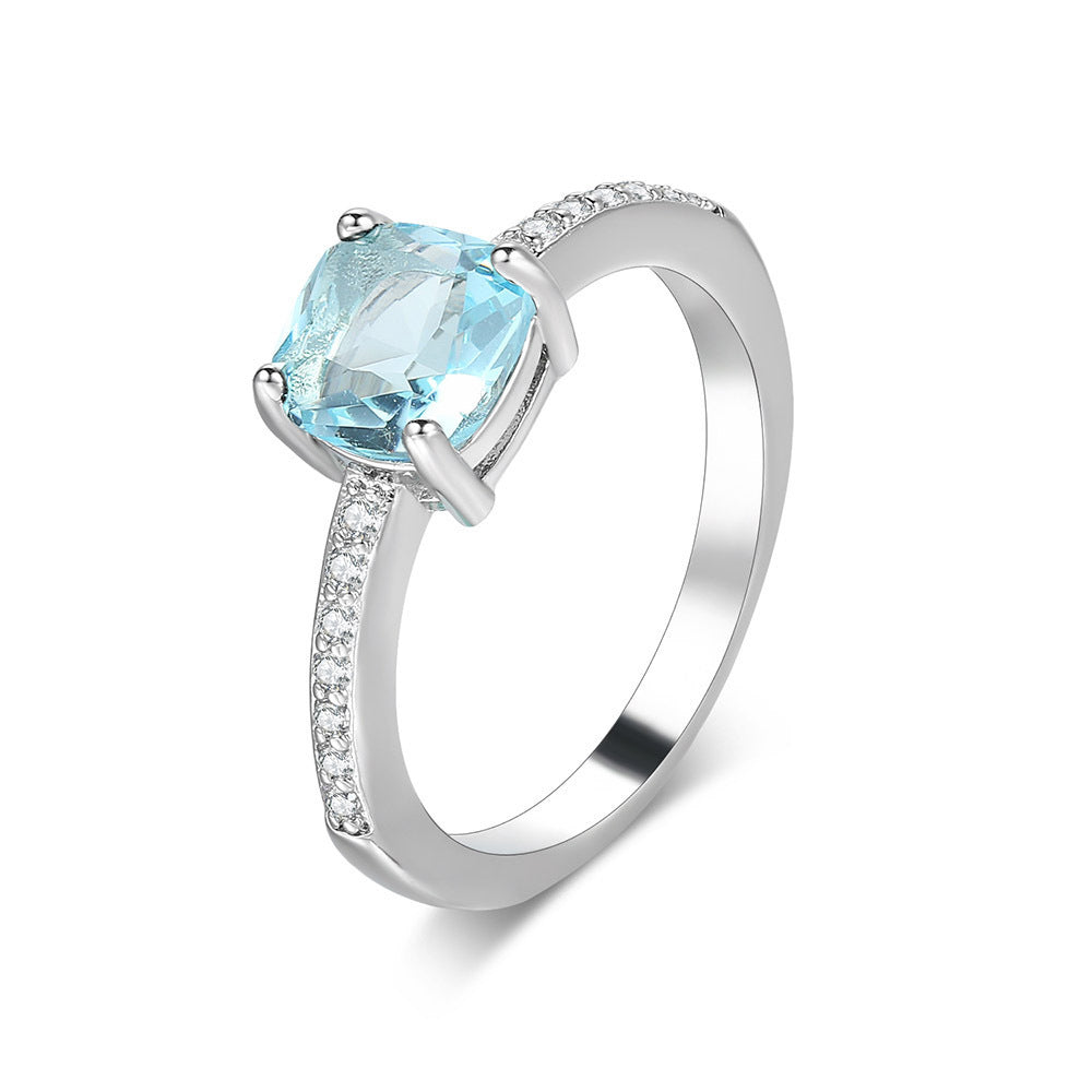 Women Geometric Ring Having Zircon Inlay Copper Band White Gold Plating Emerald Dark Blue Light Blue Malachite