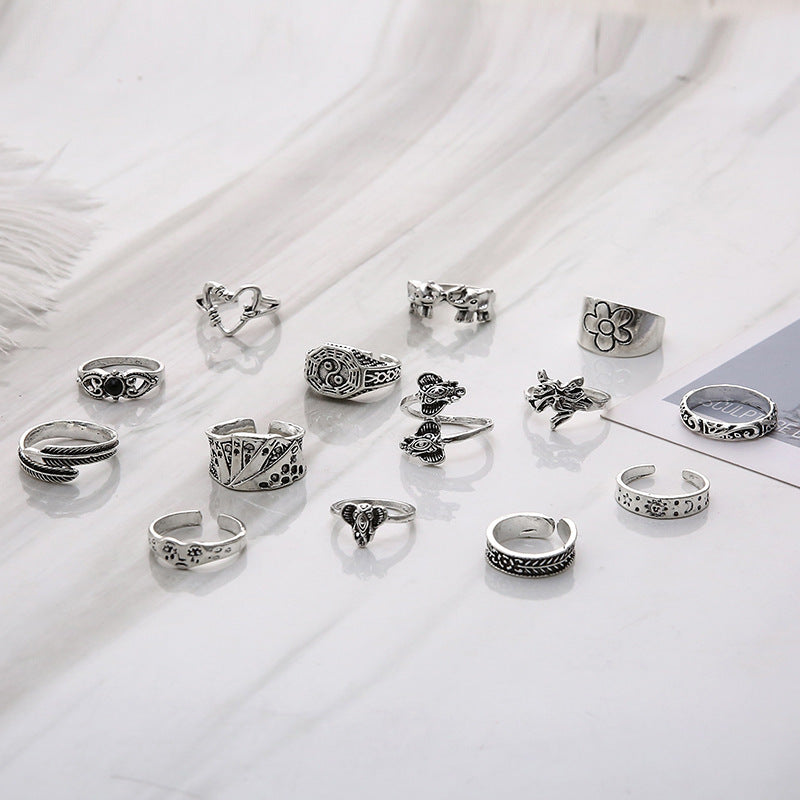 Womens Adjustable Ring Set 14 Piece Alloy Rings European Design Fashion Jewelry High Quality For Everyday Wear