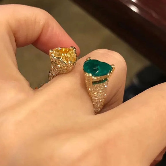 Womens Adjustable Diamond Emerald Heart Ring Gold Plated Brass Elegant Fashion Jewelry Durable Versatile Gifts