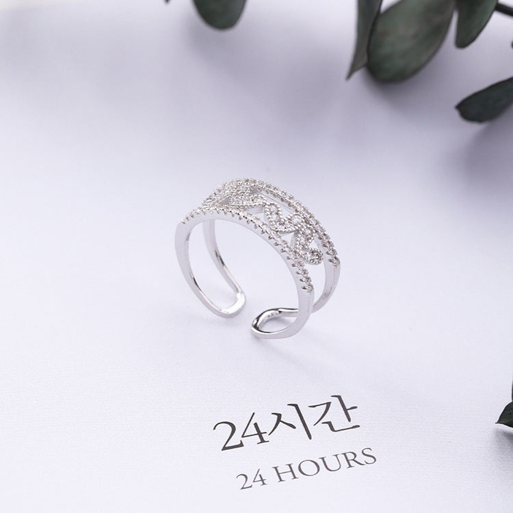 Openwork Heart Ring Alloy With Adjustable Band Inlay Gemstones Rose Gold Or Silver Korean Style Jewelry Design