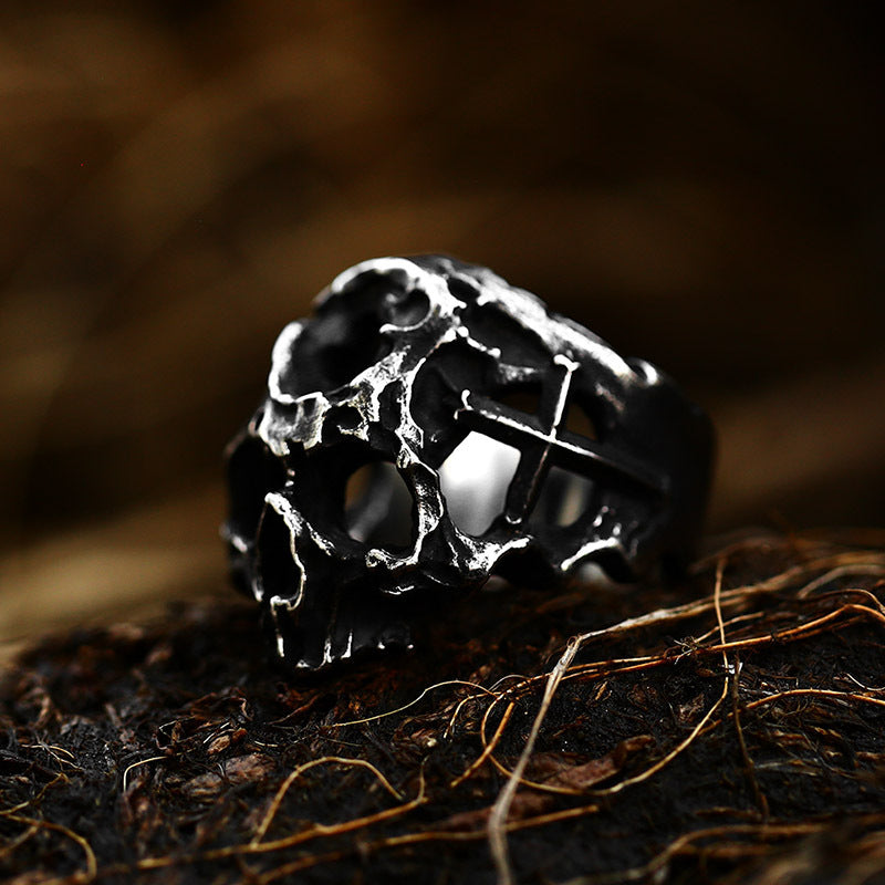 Mens Titanium Skull Ring Geometric Design Polished Durable Retro Hip Hop Fashion Jewelry Accessory Bold Symbol