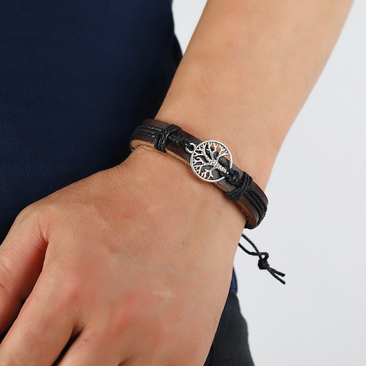 Unisex Leather Bracelet Woven Tree Of Life Geometric Design Vintage European American Jewelry Geometric Design