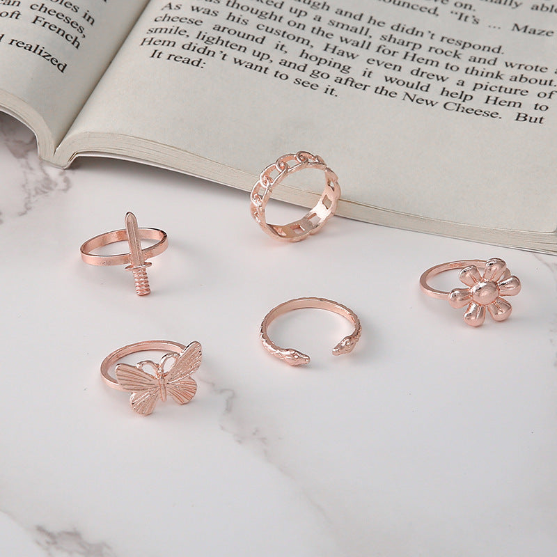 Unisex Flower Ring Set Of 5 Alloy Rings European American Fashion Jewelry For Women And Men Trendy Gift Deluxe