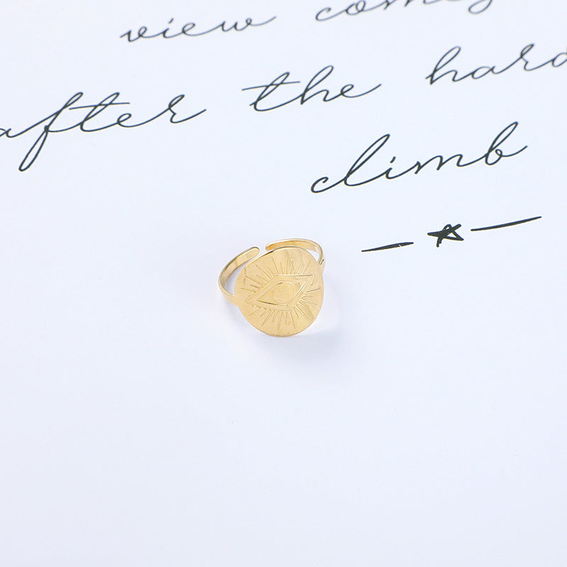 Womens Gold Tone Stainless Steel Devil Eye Geometric Trend Fashion Opening Adjustable Ring For Everyday Wear Essentials