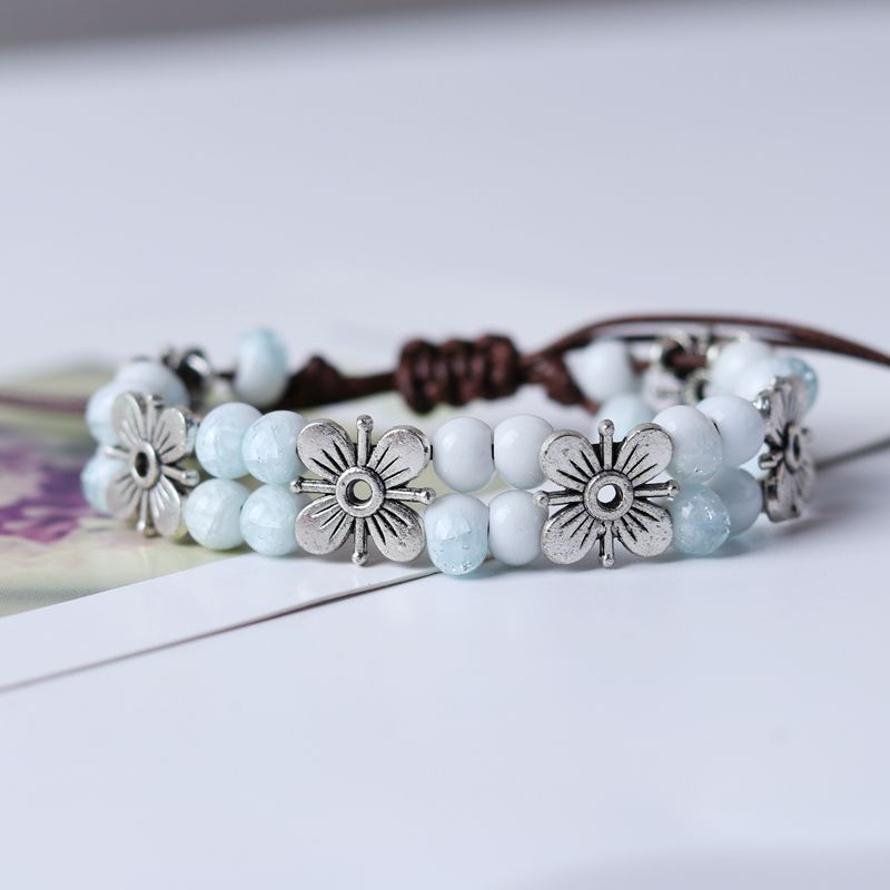 Womens Four Leaf Clover Ceramic Beaded Chain Bracelet Ethnic Style High Temperature Fired Lucky Jewelry Gift Idea