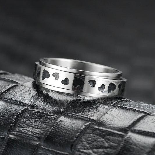 Unisex Stainless Steel Heart Ring Silver Rotatable Band