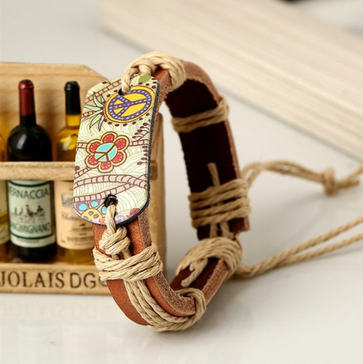 Leather Bracelet With Peace Sign And Geometric Design For Men And Women Unisex Accessory Durable Everyday Wear