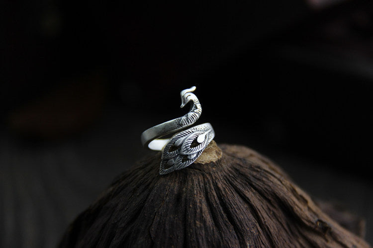 Adjustable Material Opening Silver Peacock Animal Zodiac Ring Fashion Jewelry Gift for Her Vintage Style Sizes
