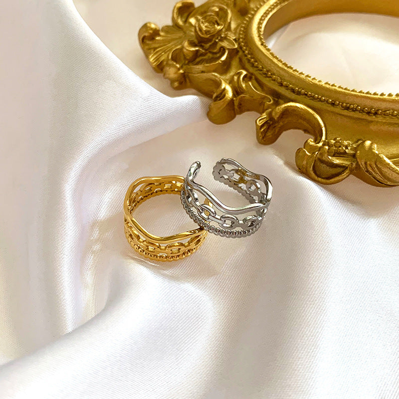 Three Layer Wave Ring With Hollow Beads Titanium Steel 18K Gold Plating Unisex Adjustable Geometric Lace Style