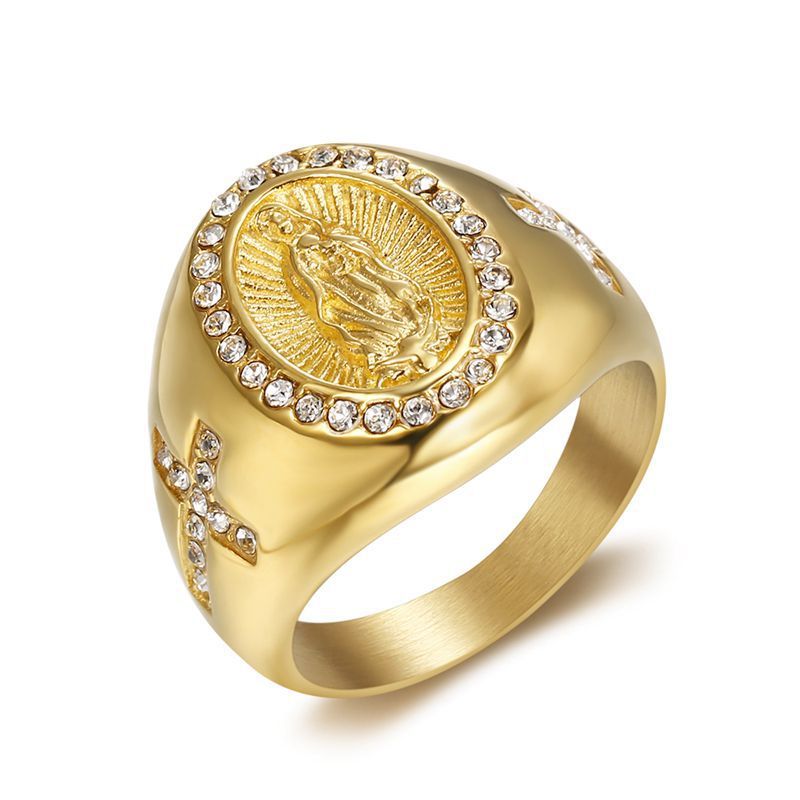 Mens Gold Plated Virgin Mary Ring Diamond Accent Titanium Steel Durable Religious Jewelry Fashion Accessory Gift
