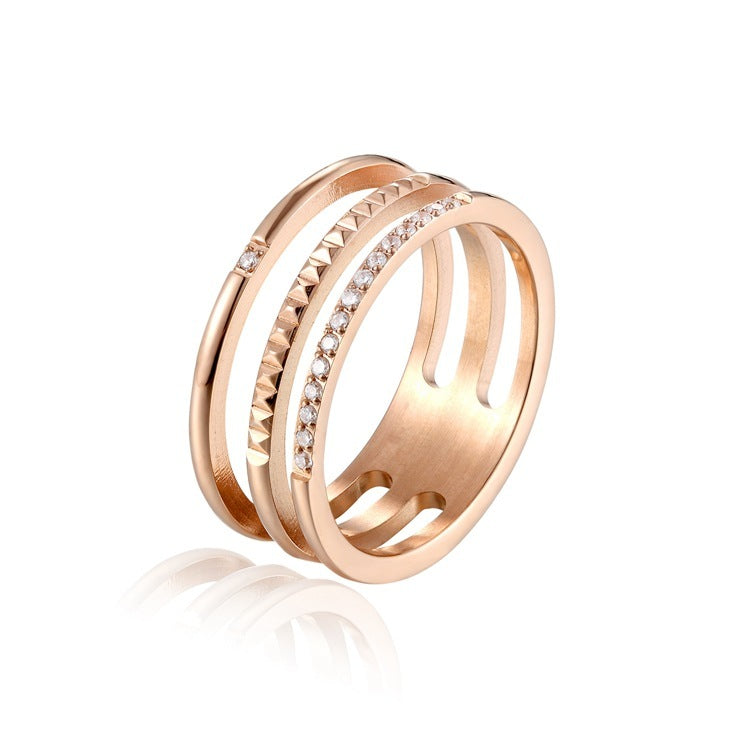 Unisex Ring Stainless Steel Gold Three Tier Rose Design With Diamonds Round Band Statement Fashion Jewelry Ring For Women And Men