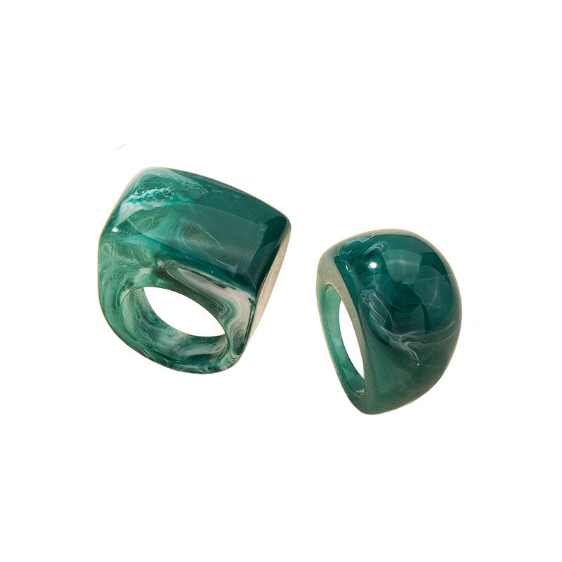 Unisex Acrylic Ring Set Bold Resin Jewelry Exaggerated Drop Shape Rings Haze Blue And Emerald Green Statement Accessory