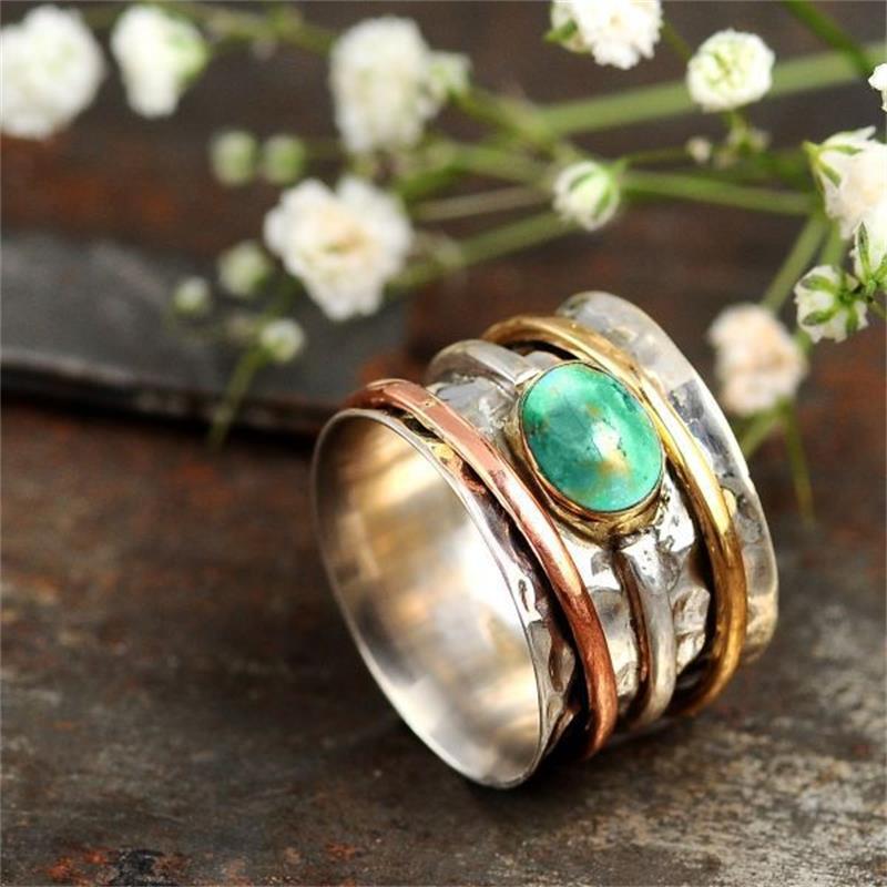 Turquoise Plated Insect Ring Alloy With Three Color Artificial Gemstones Electroplated Finish Womens Jewelry Gift