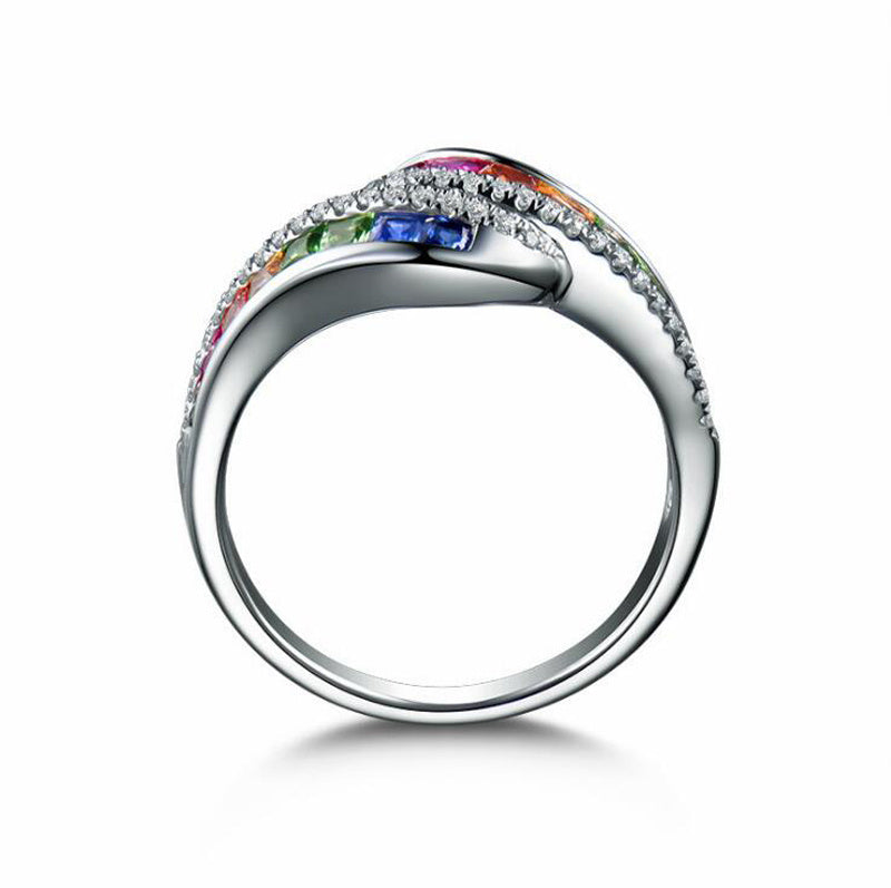 Geometric Alloy Ring With White Gold Electroplating Inlaid Gemstones European Fashion Jewelry For Women Mosaic Gemstones