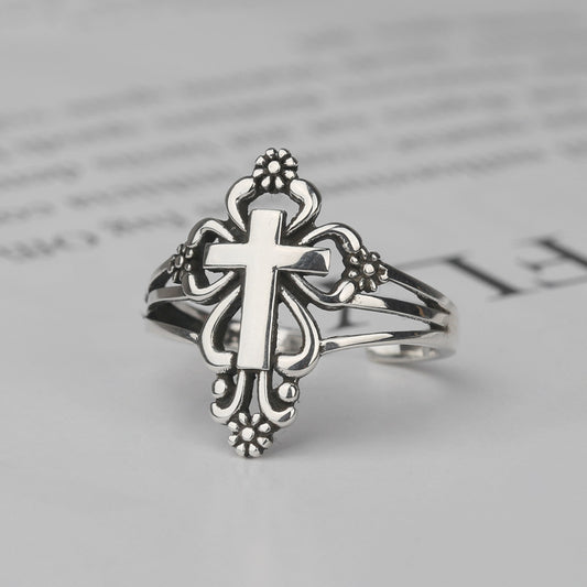 Womens Adjustable Silver Cross Ring Nordic Design Retro Fashion Band Rings For Women Jewelry Everyday Wardrobe