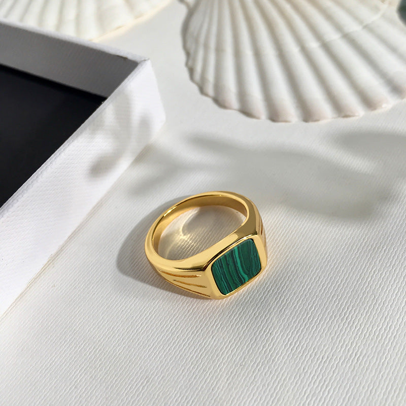 Womens Green Malachite Ring Brass Gold European Retro Design Statement Jewellery For Women Party Fashion Rings