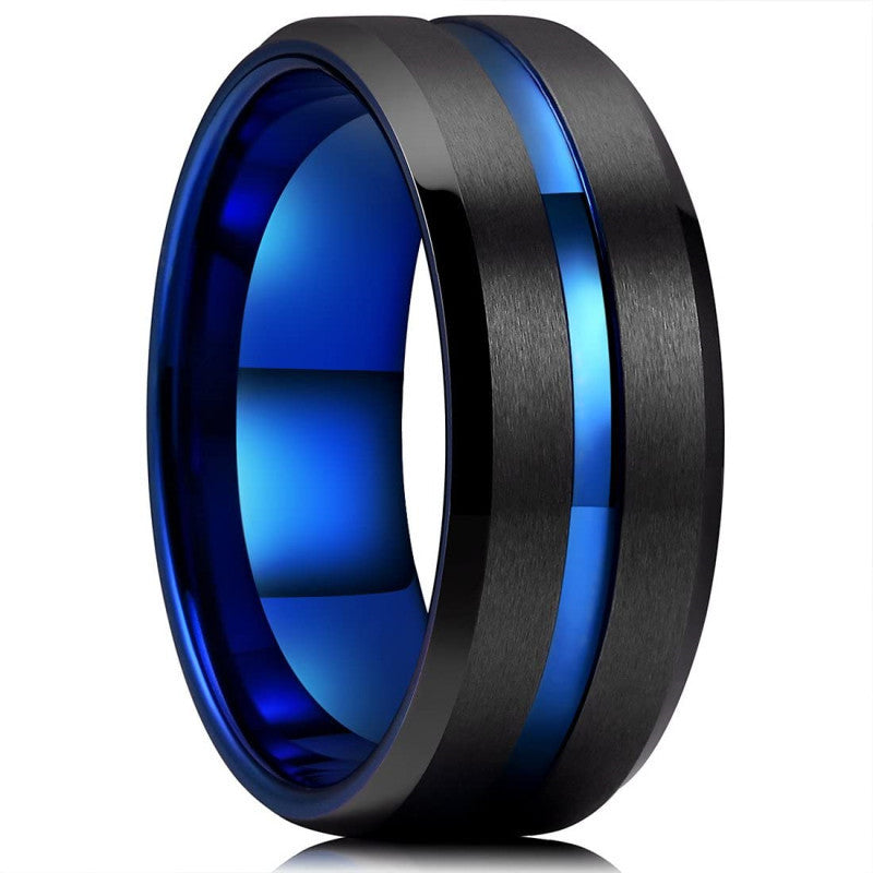 Two Tone Blue And Black Stainless Steel Ring Geometric Design For Men Fashion Jewelry Metal Band Statement Ring